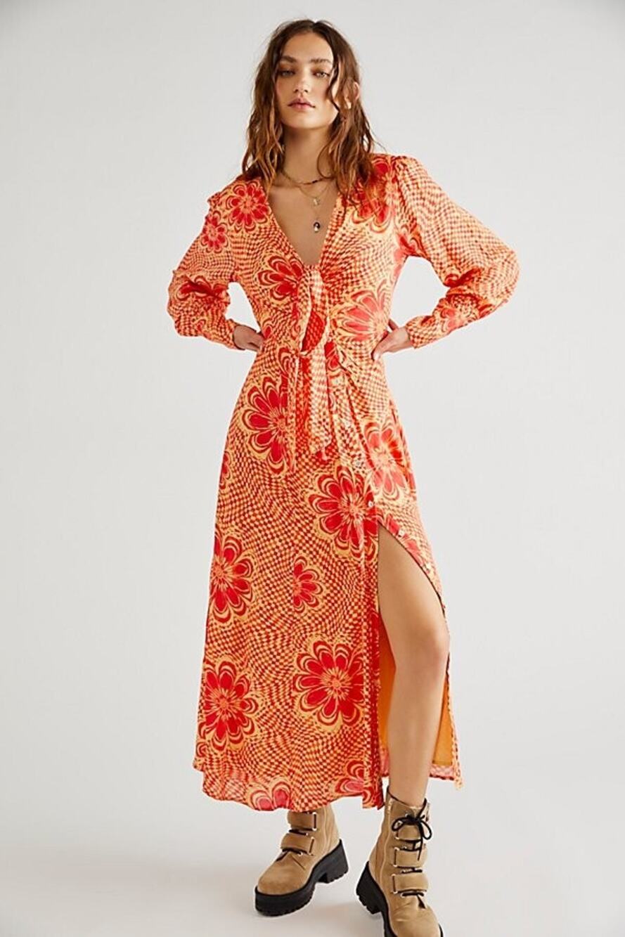 New Free People Nappa Midi Dress $168 SMALL Sunshine Floral Coral Long Sleeve